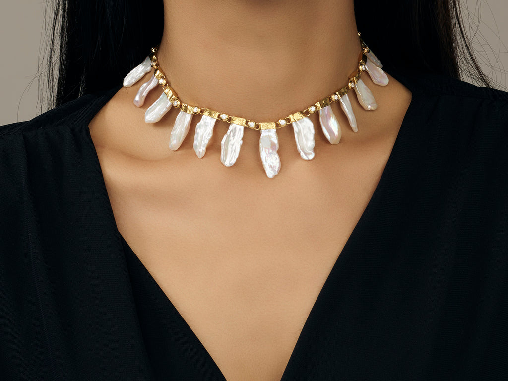 GURHAN, GURHAN Oyster Gold Pearl All Around Short Necklace, Mixed Petal Shapes with Diamond Accents