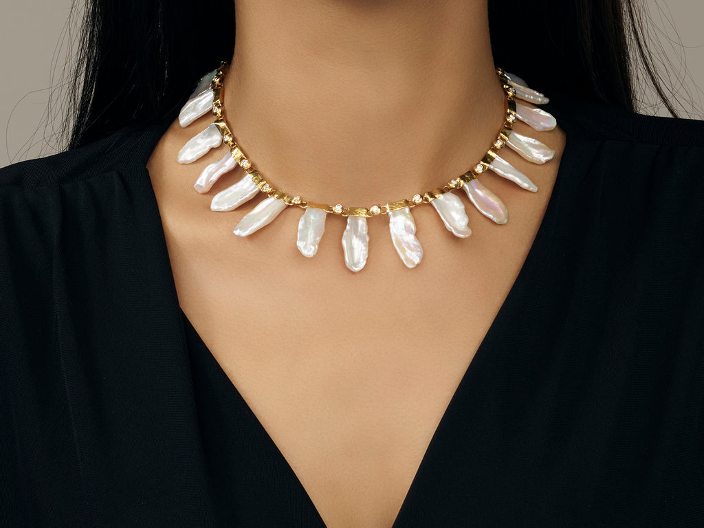 GURHAN, GURHAN Oyster Gold Pearl All Around Short Necklace, Mixed Petal Shapes with Diamond Accents