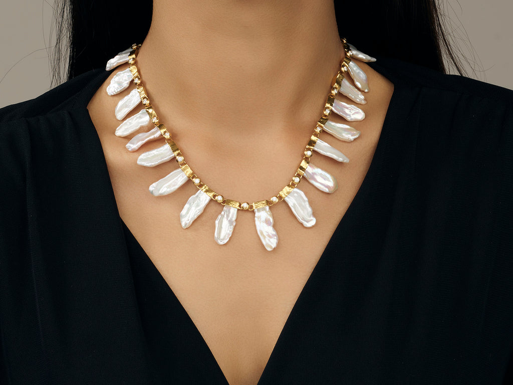 GURHAN, GURHAN Oyster Gold Pearl All Around Short Necklace, Mixed Petal Shapes with Diamond Accents