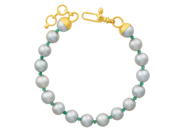 GURHAN, GURHAN Oyster Gold Pearl and Emerald Beaded Single-Strand Bracelet, 7mm Round