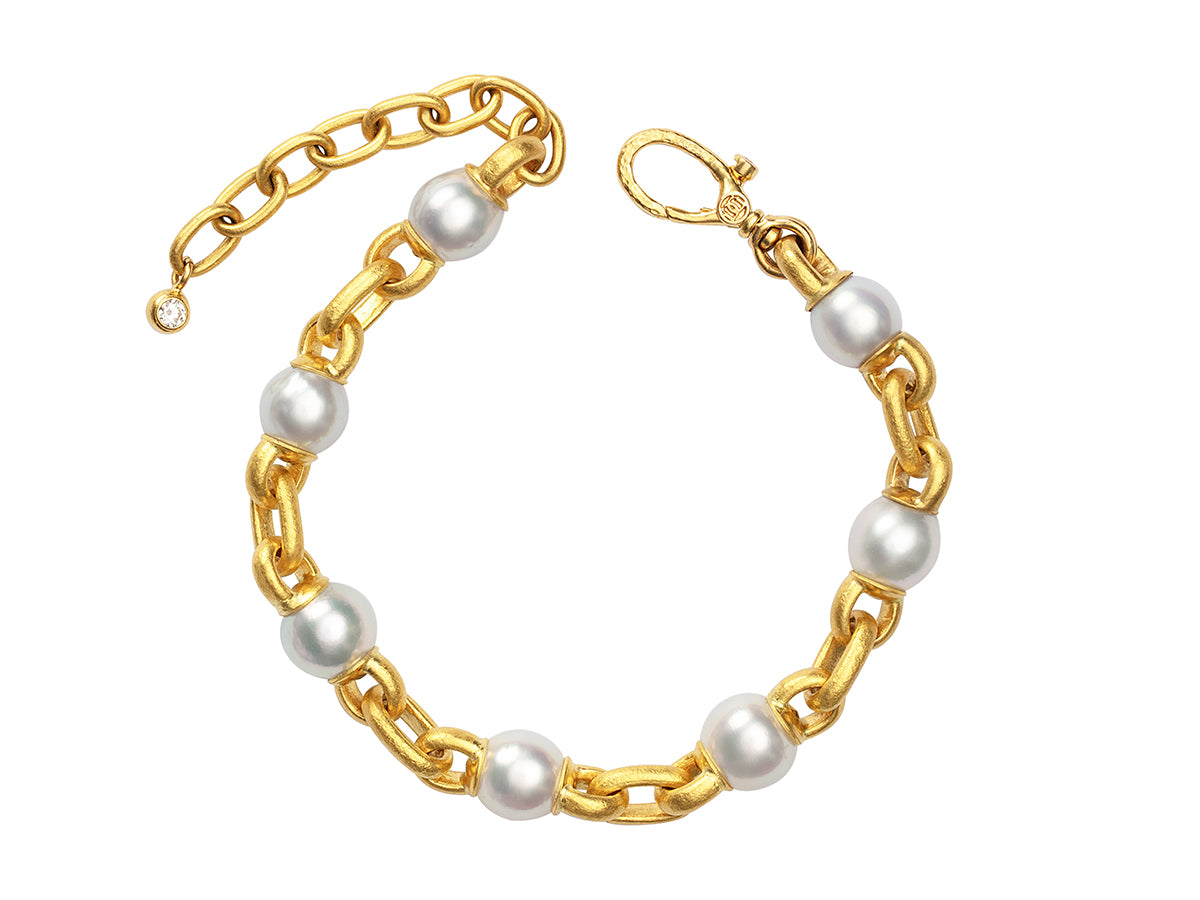GURHAN, GURHAN Oyster Gold Chain Link Bracelet, 10mm Round Stations, Pearl