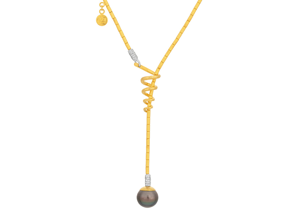 GURHAN, GURHAN Oyster Gold Pearl Lariat Short Necklace, Gold Tubes and Small Pave Accents