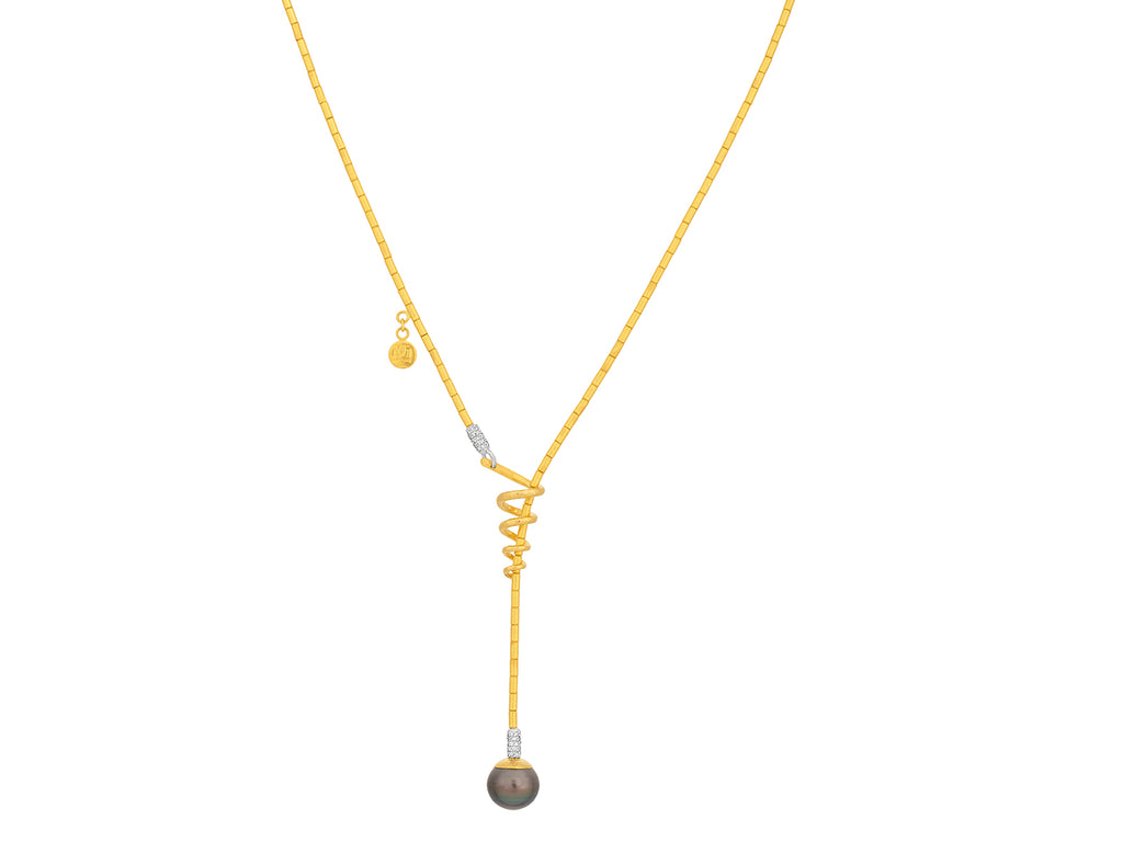 GURHAN, GURHAN Oyster Gold Pearl Lariat Short Necklace, Gold Tubes and Small Pave Accents