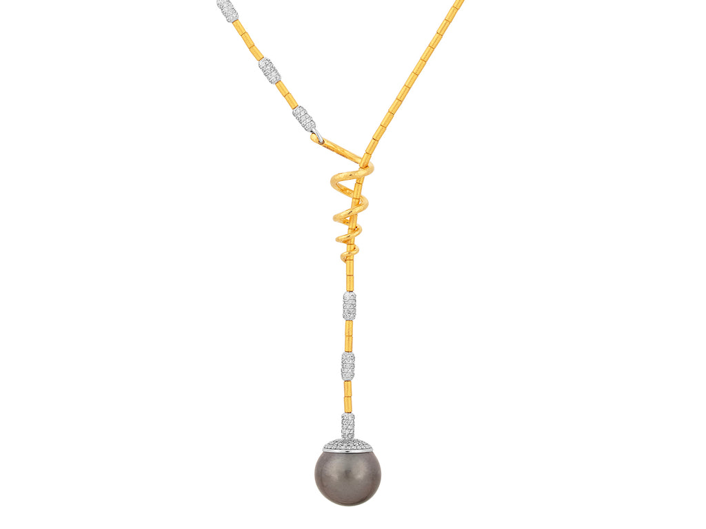 GURHAN, GURHAN Oyster Gold Pearl Lariat Short Necklace, 18mm Round Drop on Gold Tube Chain