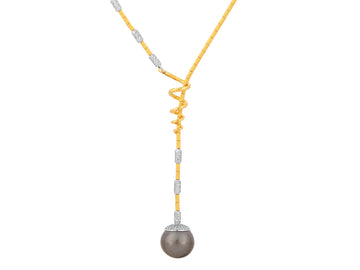 GURHAN, GURHAN Oyster Gold Pearl Lariat Short Necklace, 18mm Round Drop on Gold Tube Chain