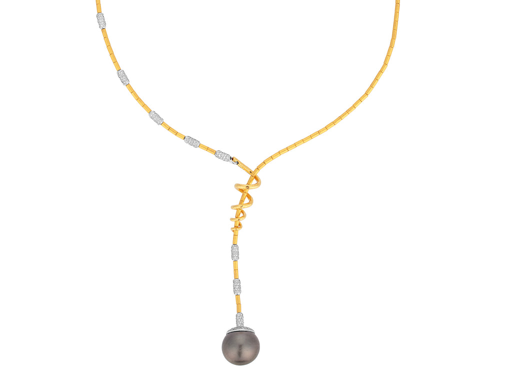 GURHAN, GURHAN Oyster Gold Pearl Lariat Short Necklace, 18mm Round Drop on Gold Tube Chain