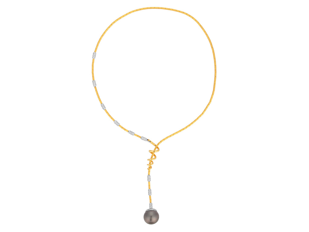 GURHAN, GURHAN Oyster Gold Pearl Lariat Short Necklace, 18mm Round Drop on Gold Tube Chain