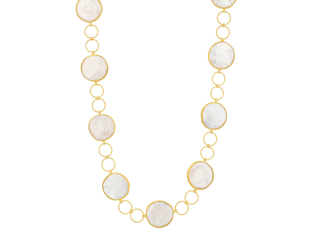 GURHAN, GURHAN Oyster Gold Pearl Link Long Necklace, Large Round Petal Stations