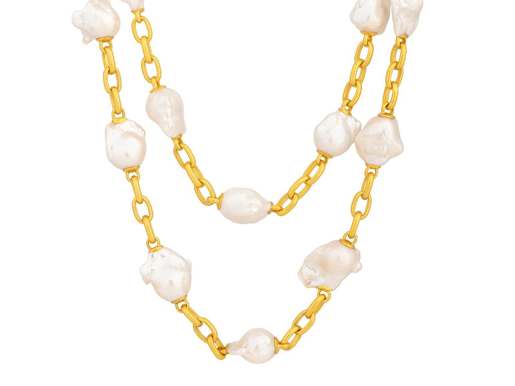 GURHAN, GURHAN Oyster Gold Pearl Link Long Necklace, Chunky Stations with Oval Chain