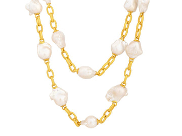 GURHAN, GURHAN Oyster Gold Pearl Link Long Necklace, Chunky Stations with Oval Chain