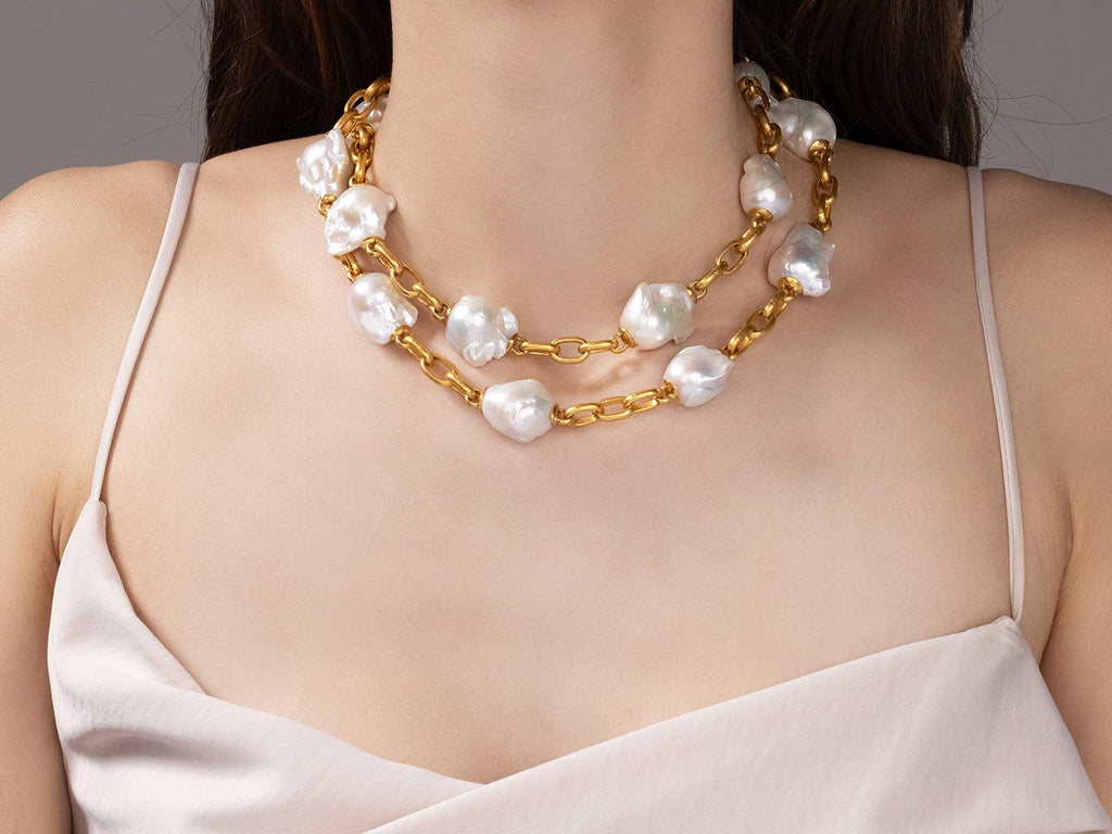 GURHAN, GURHAN Oyster Gold Pearl Link Long Necklace, Chunky Stations with Oval Chain