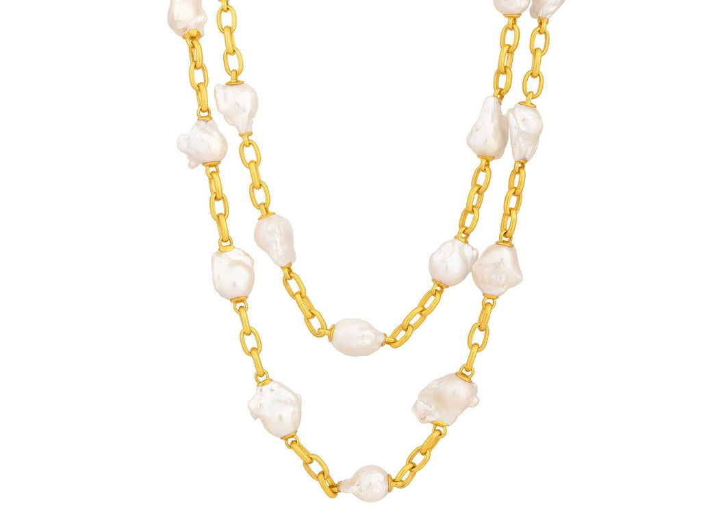 GURHAN, GURHAN Oyster Gold Pearl Link Long Necklace, Chunky Stations with Oval Chain