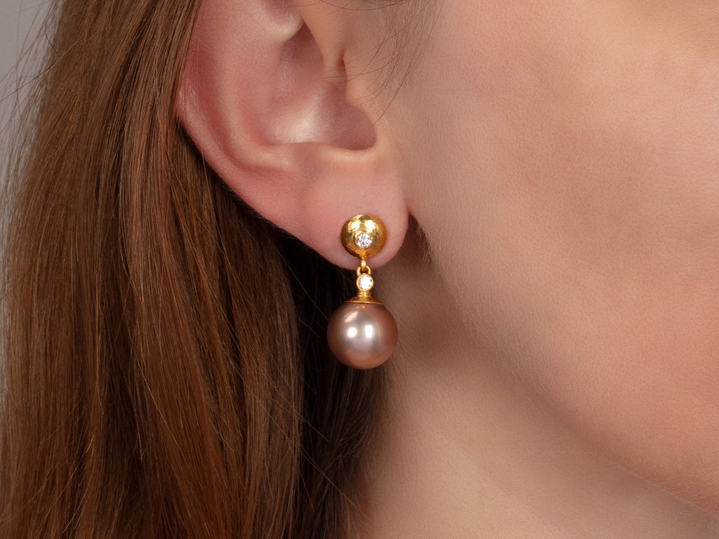 GURHAN, GURHAN Oyster Gold Pearl Single Drop Earrings, 13mm Round on Post Top