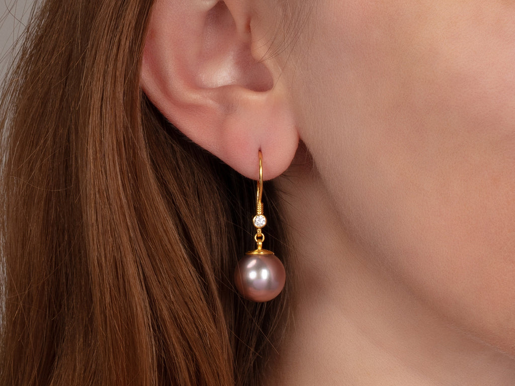 GURHAN, GURHAN Oyster Gold Pearl Single Drop Earrings, 13mm Round on Wire Hook