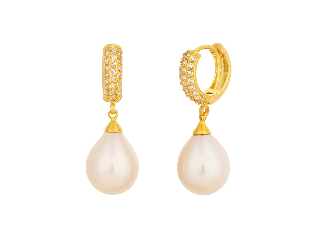 GURHAN, GURHAN Oyster Gold Pearl Single Drop Earrings, 13x11mm Teardrop on Pave Huggie Hoop