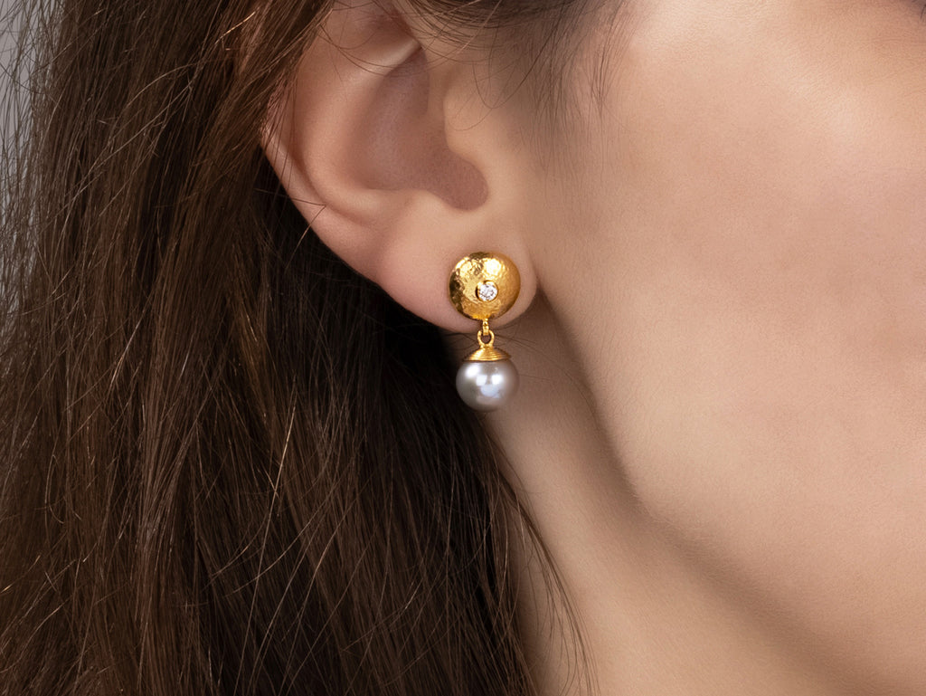 GURHAN, GURHAN Oyster Gold Pearl Single Drop Earrings, 9mm Ball on Round Post Top