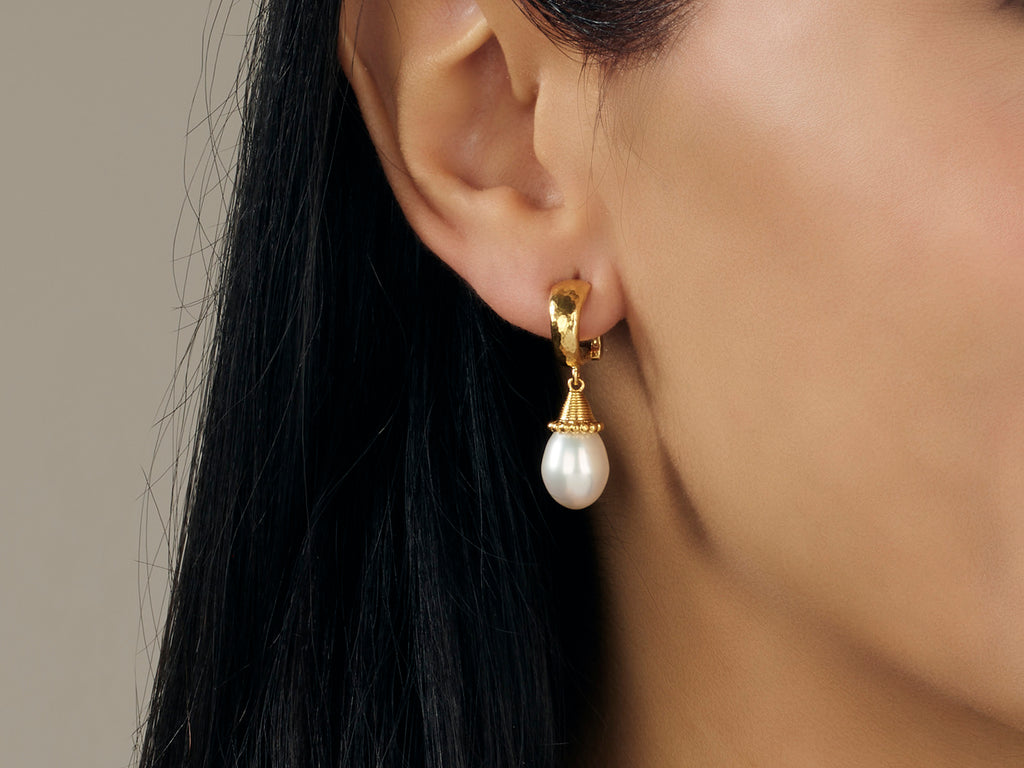 GURHAN, GURHAN Oyster Gold Pearl Single Drop Earrings, 15x10mm Teardrop on Small Clip Post Hoop