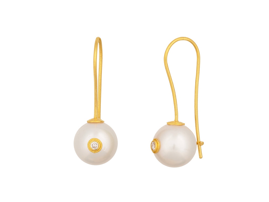 GURHAN, GURHAN Oyster Gold Pearl Single Drop Earrings, 12mm Ball on Long Wire Hook