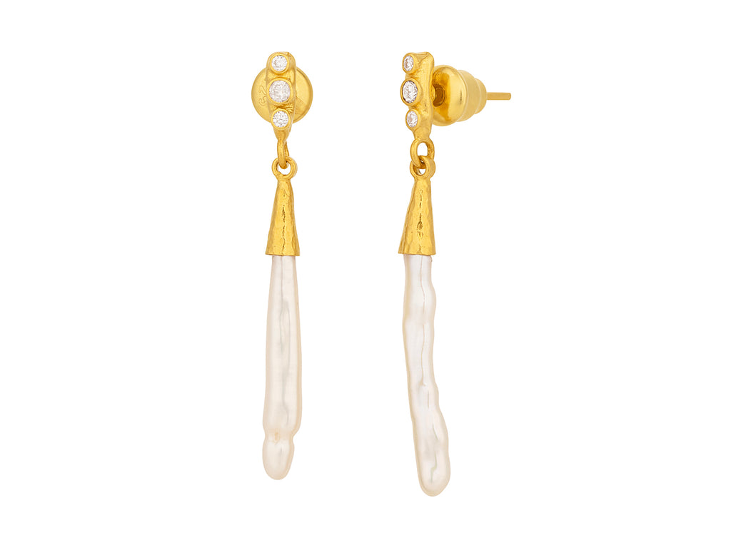 GURHAN, GURHAN Oyster Gold Pearl Single Drop Earrings, "Stick", Post Top