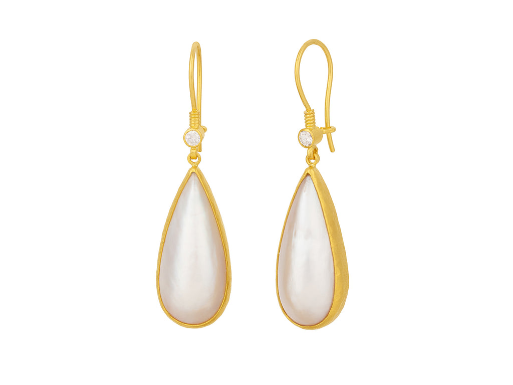 GURHAN, GURHAN Oyster Gold Pearl Single Drop Earrings, 28x13mm Teardrop on Wire Hook