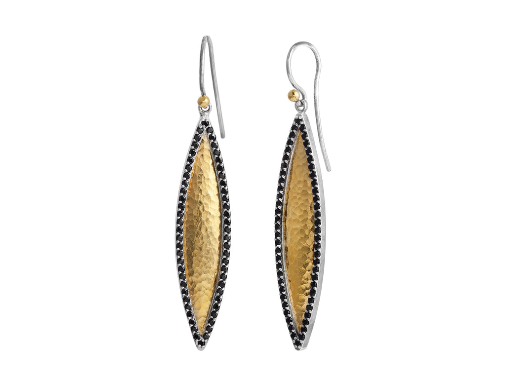 GURHAN, GURHAN Panther Sterling Silver Onyx Single Drop Earrings, 45mm Marquise on Wire Hook, Gold Accents