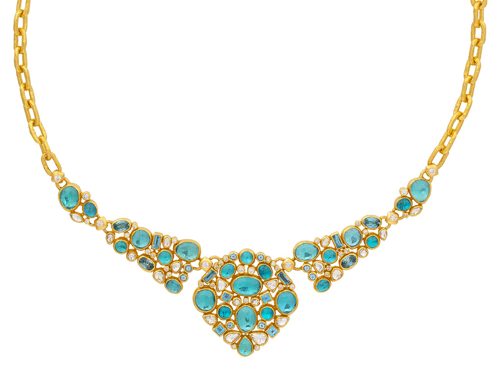 GURHAN, GURHAN Pointelle Gold Mixed Stone Bib Short Necklace, Mixed Shaped Cluster Elements