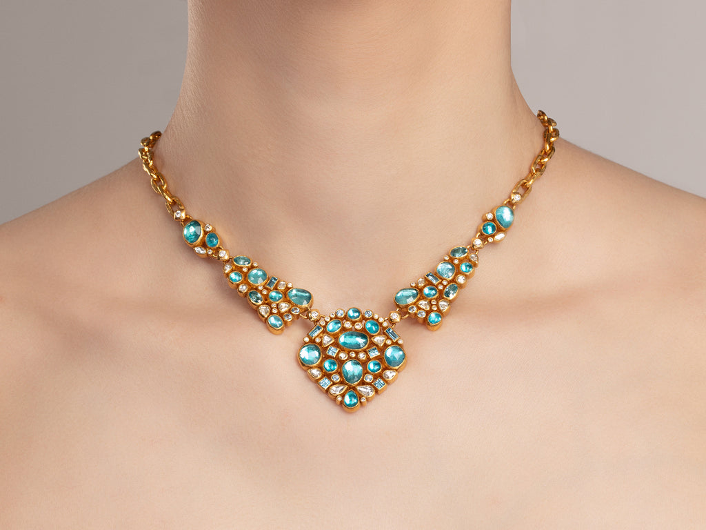 GURHAN, GURHAN Pointelle Gold Mixed Stone Bib Short Necklace, Mixed Shaped Cluster Elements