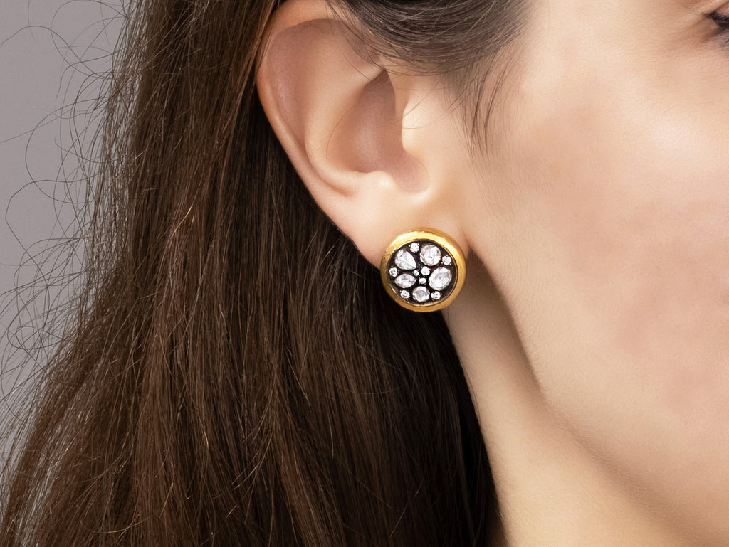 GURHAN, GURHAN Pointelle Gold Diamond Round Stud Earrings, Clustered Stones set in Blackened 18K White Gold