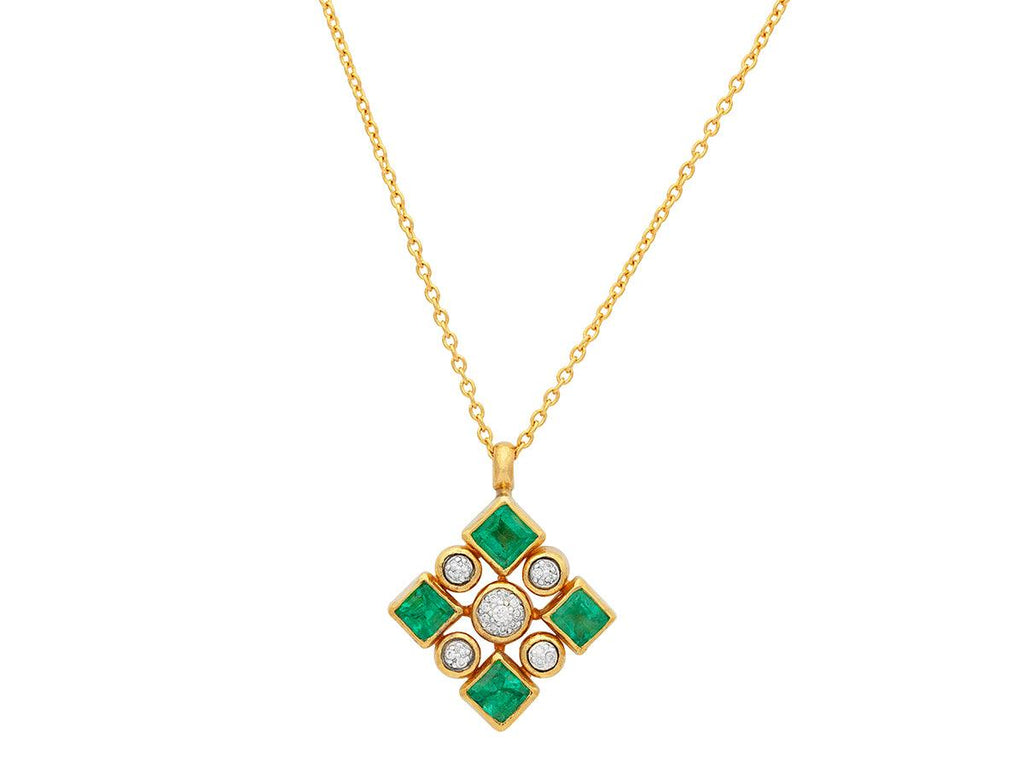 GURHAN, GURHAN Pointelle Gold Pendant Necklace, Square and Pave Cluster, Emerald and Diamond