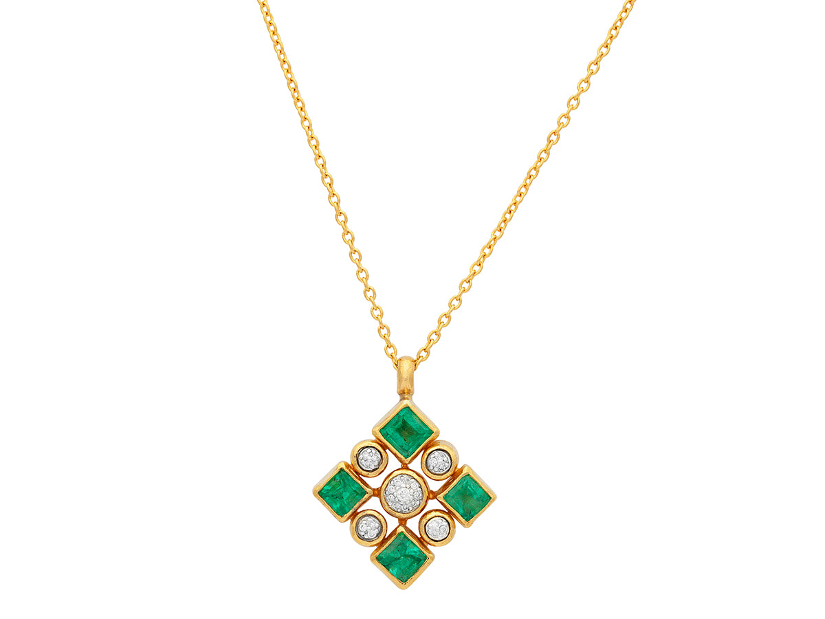 GURHAN, GURHAN Pointelle Gold Pendant Necklace, Square and Pave Cluster, Emerald and Diamond