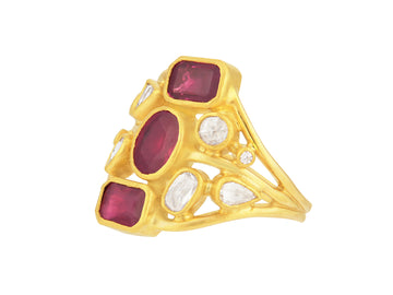 GURHAN, GURHAN Pointelle Gold Ruby Cocktail Ring, Mixed Stone Cluster on Graduated Band