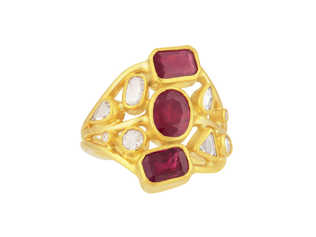 GURHAN, GURHAN Pointelle Gold Ruby Cocktail Ring, Mixed Stone Cluster on Graduated Band