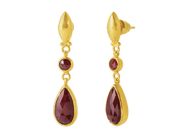 GURHAN, GURHAN Prism Gold Ruby Double Drop Earrings, Round and Teardrop Shaped Stones on Post Top