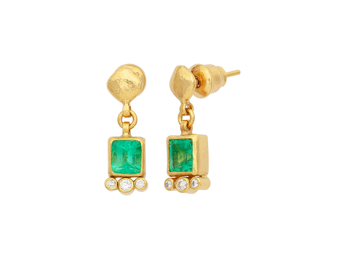 GURHAN, GURHAN Prism Gold Single Drop Earrings, 6x5mm Rectangle, Cushion Post Top, Emerald and Diamond