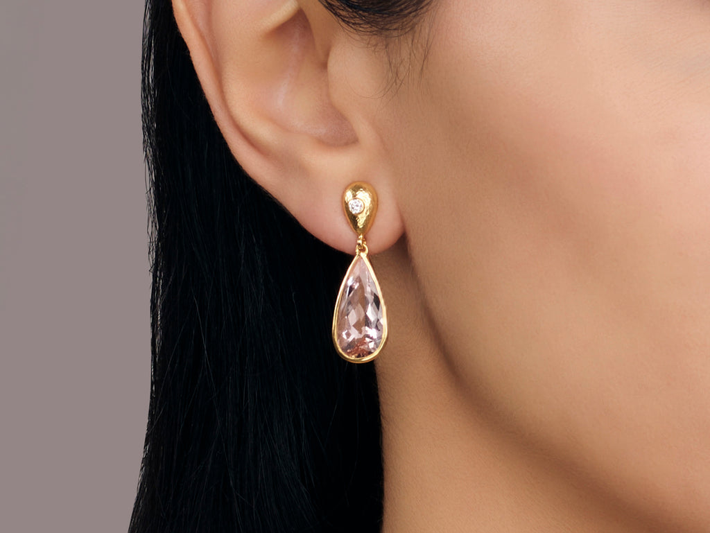 GURHAN, GURHAN Prism Gold Morganite Single Drop Earrings, 19x10mm Teardrop on Post Top