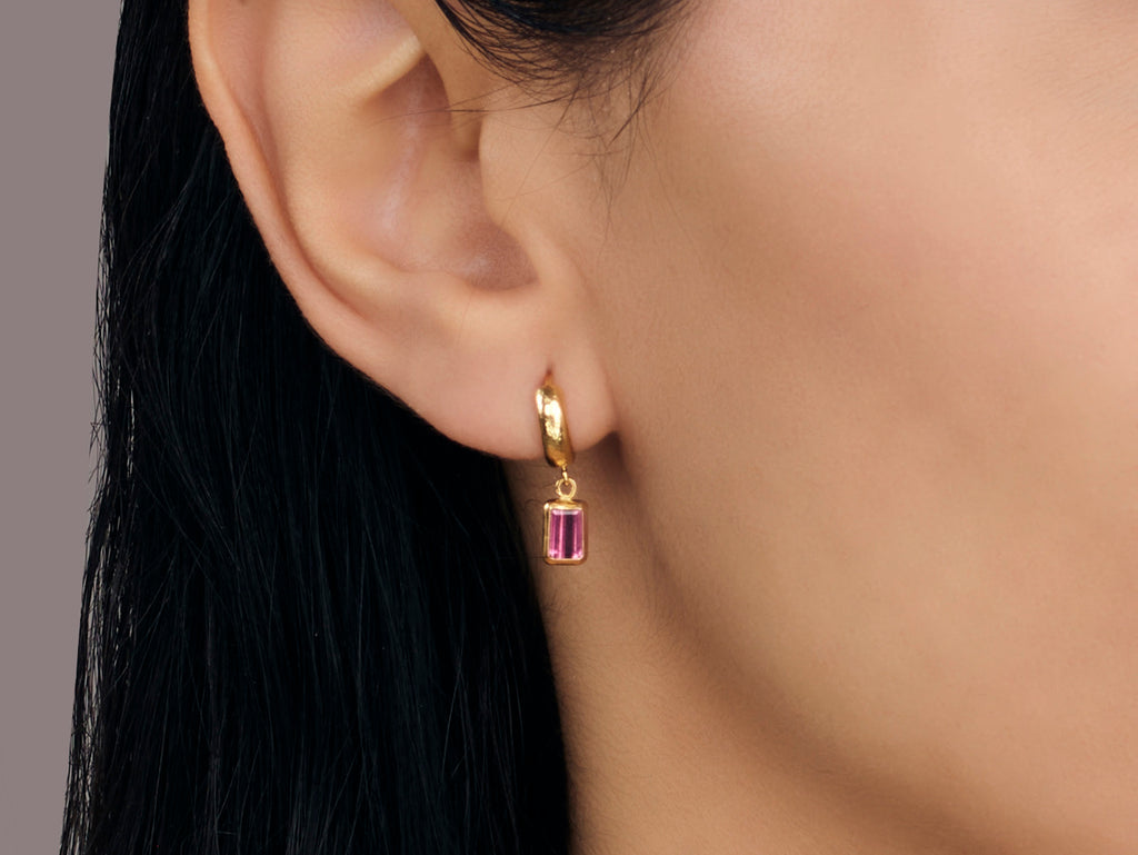 GURHAN, GURHAN Prism Gold Tourmaline Single Drop Earrings, 6x4mm Rectangle Stone on Huggie Hoop Top