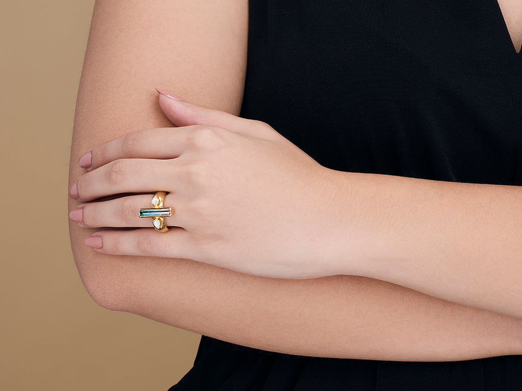 GURHAN, GURHAN Prism Gold Stone Cocktail Ring, 18x4mm Rectangle, Tourmaline and Diamond