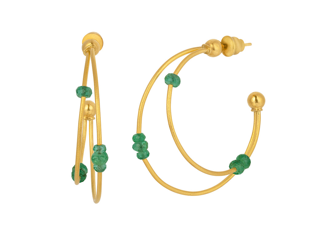 GURHAN, GURHAN Rain Gold Emerald Beaded Hoop Earrings, 3 Bead Stations