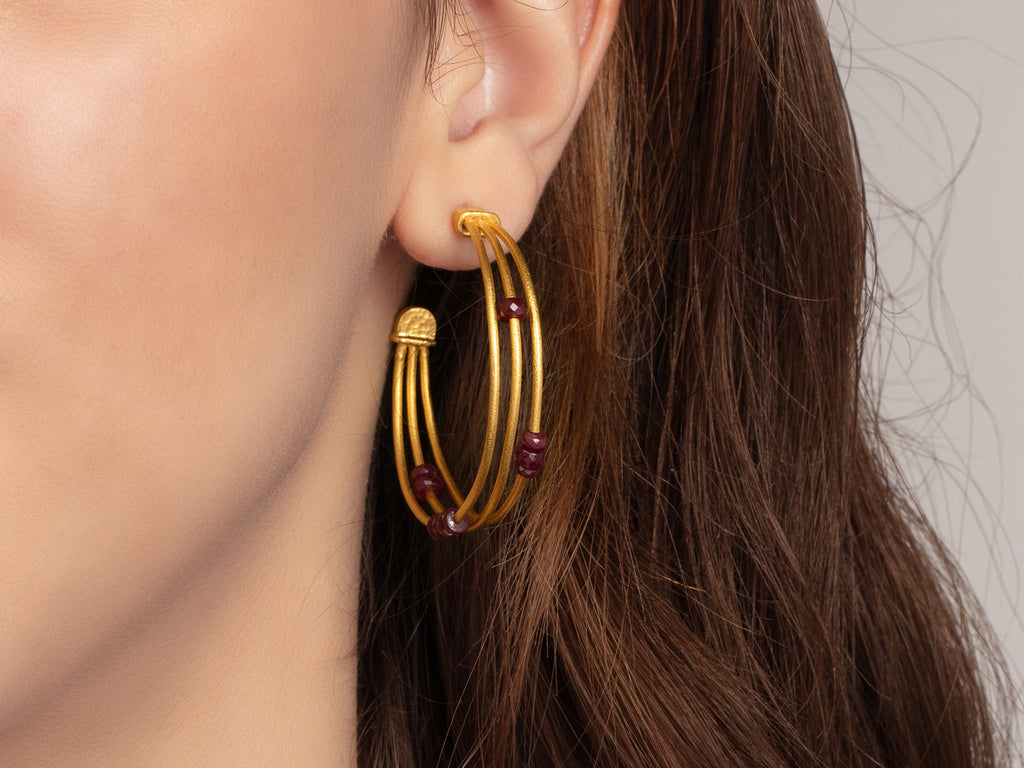 GURHAN, GURHAN Rain Gold Ruby Beaded Hoop Earrings, Triple Strand