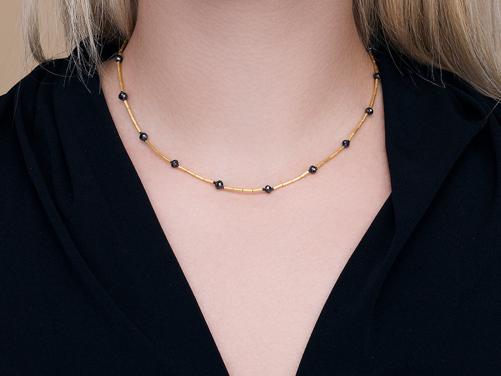 GURHAN, GURHAN Rain Gold Black Diamond Single-Strand Beaded Short Necklace, Thin Gold Tubes