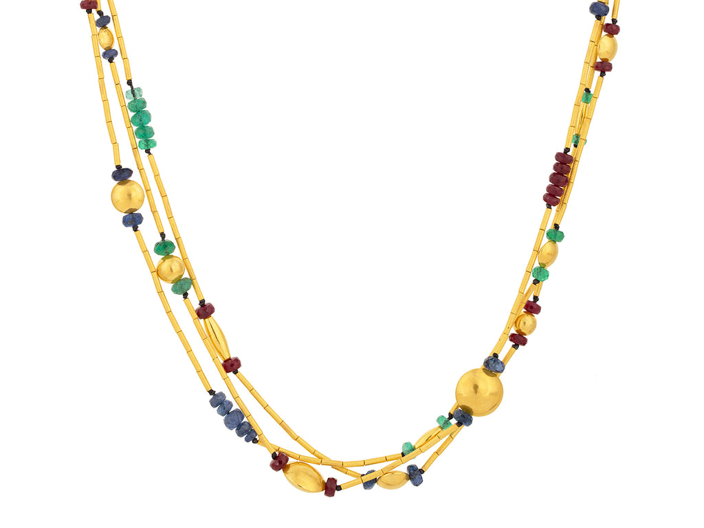 GURHAN, GURHAN Rain Gold Emerald/Ruby/Sapphire Beaded Short Necklace, Triple-Strand