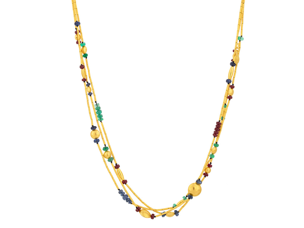 GURHAN, GURHAN Rain Gold Emerald/Ruby/Sapphire Beaded Short Necklace, Triple-Strand