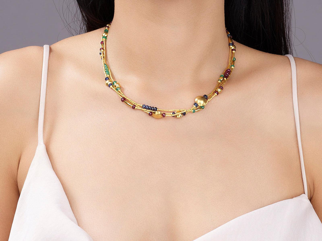 GURHAN, GURHAN Rain Gold Multi-Stone Beaded Short Necklace, Triple Strand Mixed Shaped Beads