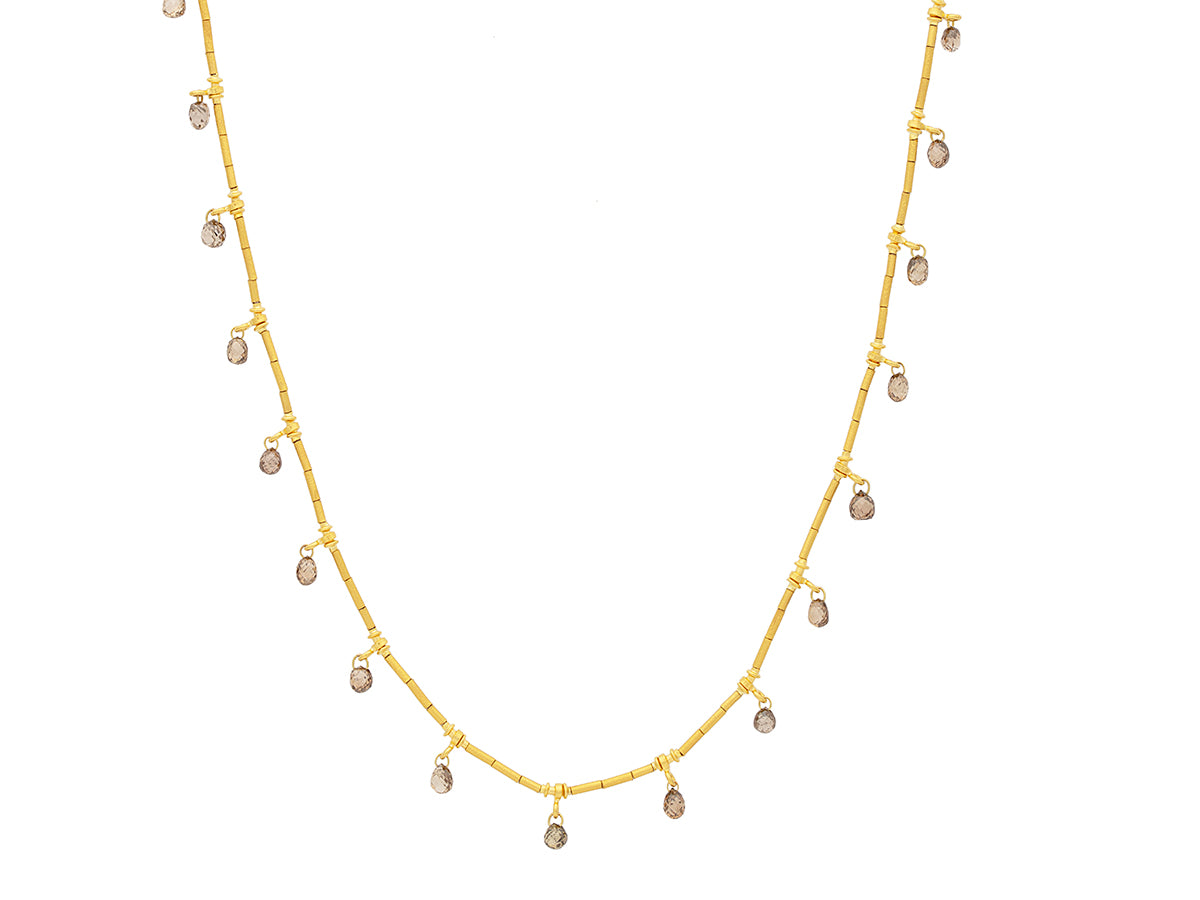 GURHAN, GURHAN Rain Gold Charm Short Necklace, Thin Gold Tubes, with Champagne Diamond Briolette