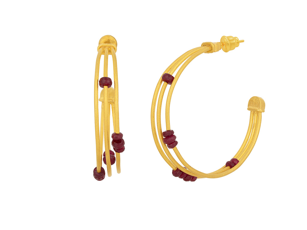 GURHAN, GURHAN Rain Gold Ruby Beaded Hoop Earrings, Triple Strand