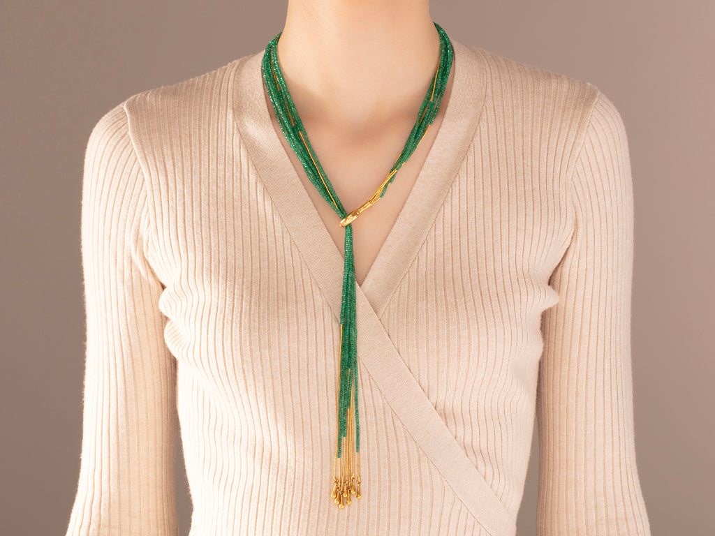 GURHAN, GURHAN Rain Gold Lariat Long Necklace, 7-Strand Beaded, Emerald and Diamond