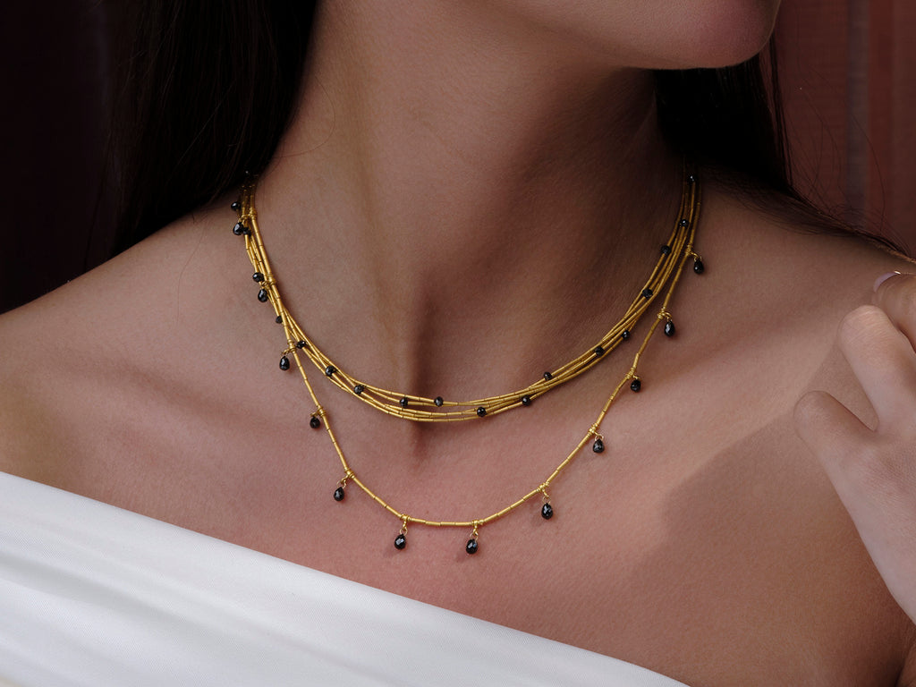 GURHAN, GURHAN Rain Gold Black Diamond Multi-Strand Beaded Short Necklace, Thin Gold Tubes