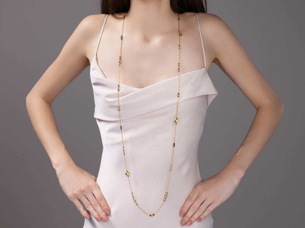 GURHAN, GURHAN Rain Gold Mixed Stone Single-Strand Beaded Long Necklace, Mixed Shape Gold Beads