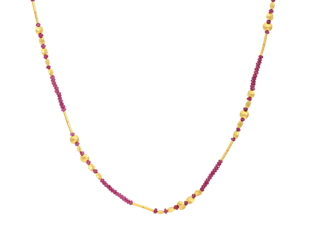 GURHAN, GURHAN Rain Gold Single-Strand Short Necklace, Lentil and Gold Tube Beads, Ruby