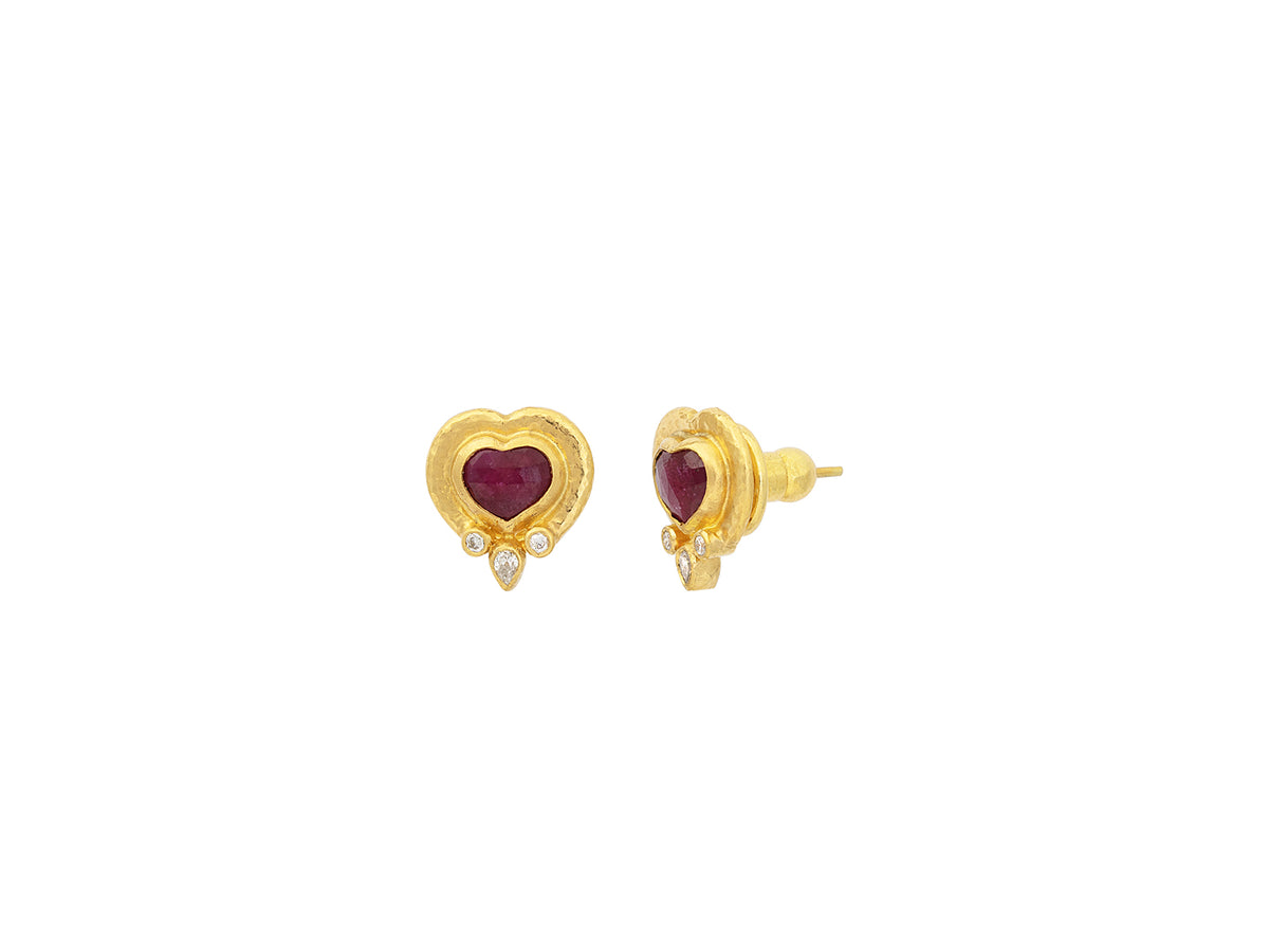 GURHAN, GURHAN Romance Gold Post Stud Earrings, 7mm Heart set in Wide Frame, with Ruby and Diamond